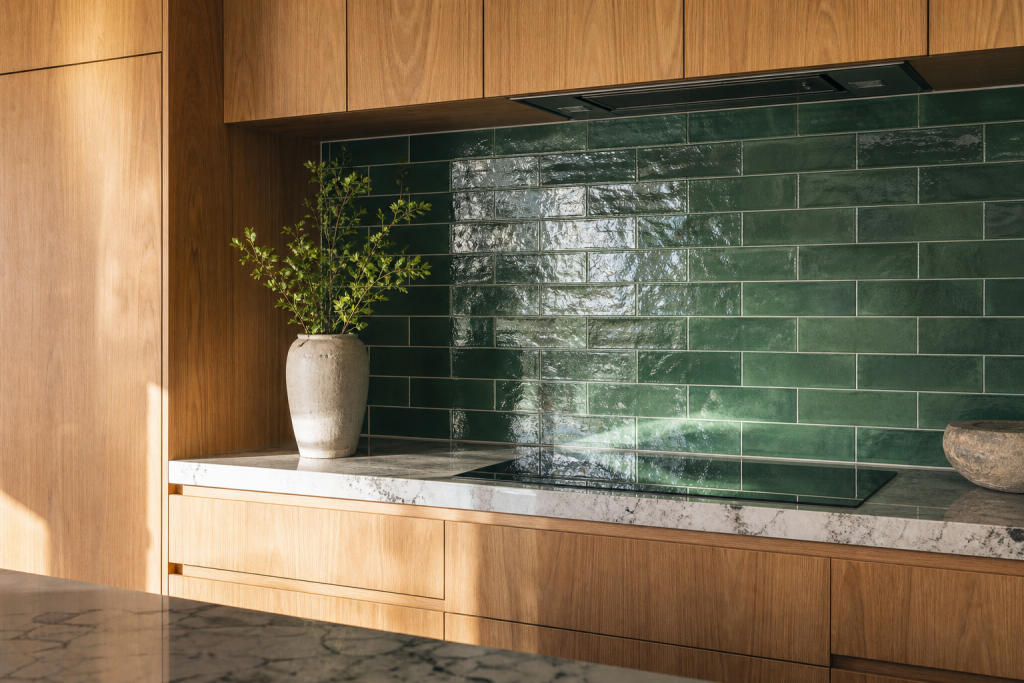 Green tiled kitchen splashback project